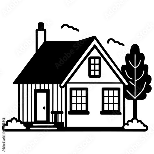 Cozy house line art with a porch, tree, and garden, simple black and white sketch style sketch illustration