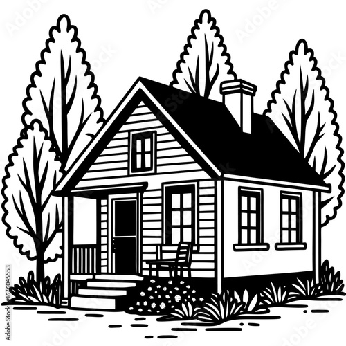 Cozy house line art with a porch, tree, and garden, simple black and white sketch style sketch illustration