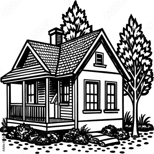 Cozy house line art with a porch, tree, and garden, simple black and white sketch style sketch illustration