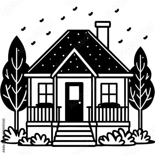 Cozy house line art with a porch, tree, and garden, simple black and white sketch style sketch illustration