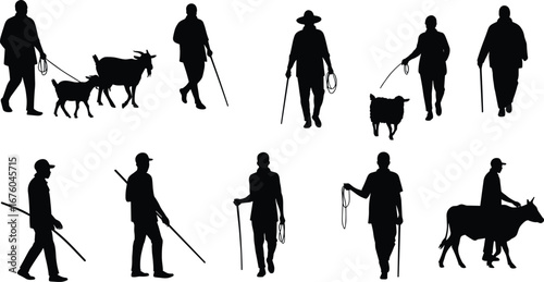 Farming silhouettes, rural workers, herding animals, traditional agriculture, stick tools, goat shepherd, cow handler, rope holding, pastoral lifestyle, village labor