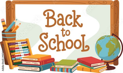 Cheerful back to school greeting card with colorful elements and typography