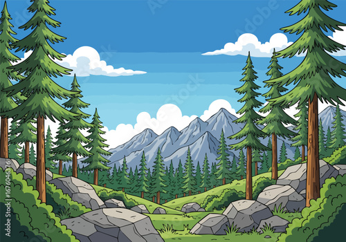 Cartoon Mountain Forest Landscape with Pine Trees and Rocks