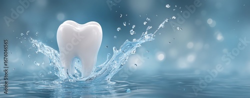 A tooth surrounded by water splashes on a blue background. Great for dental care ads, oral hygiene products, or dentistry clinic visuals.