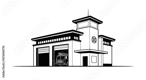 Black and white line art illustration of a fire station building with a central tower and a fire truck visible in the garage bay.