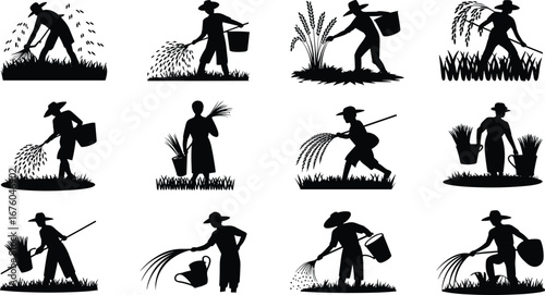 Farming, agriculture, rural workers, harvest, planting, watering, crop cultivation, silhouettes, traditional tools, sickle, bucket, field, labor, hats, soil, growth, 