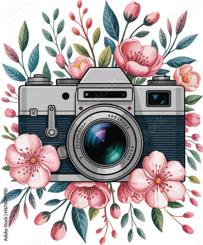 Vintage camera surrounded by beautiful pink and white flowers and green leaves artistic floral photography concept