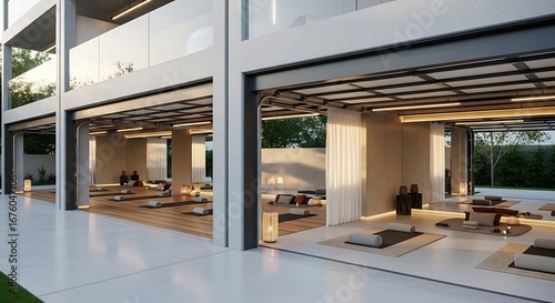 Modern open plan yoga studio with natural light and minimalist design.