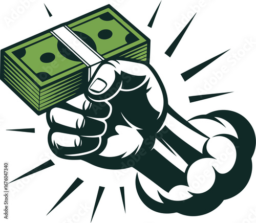 Powerful fist clenching a stack of money representing financial success and wealth accumulation