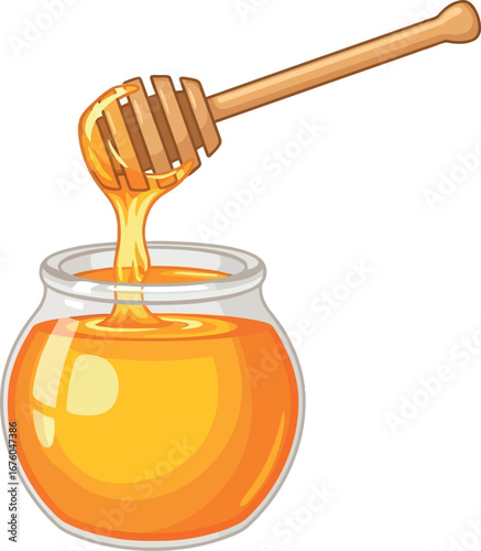 Golden honey dripping from wooden dipper into glass jar sweet natural food product vector