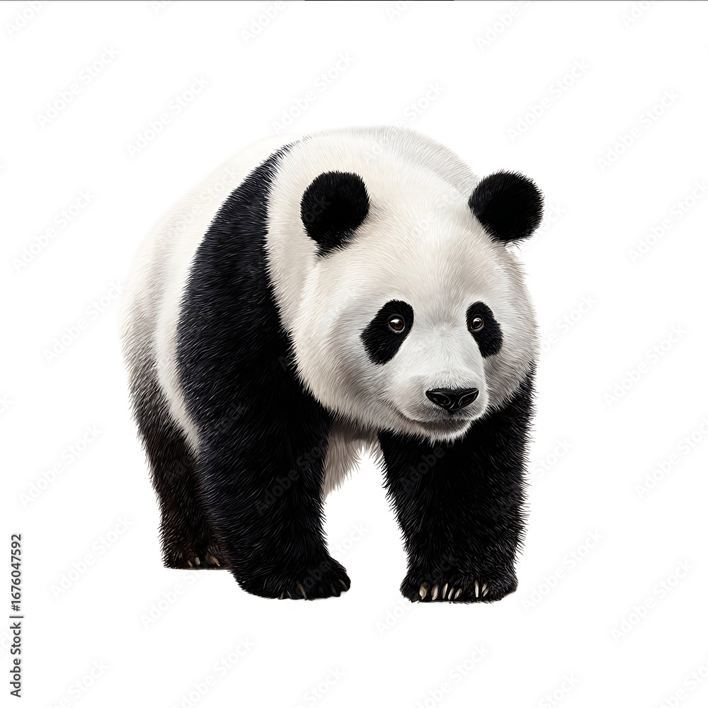 Fototapeta premium Giant panda standing on the ground looking at the camera front view realistic illustration on a white background