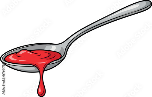 Spoonful of vibrant red sauce dripping food photography ingredient preparation cooking vector