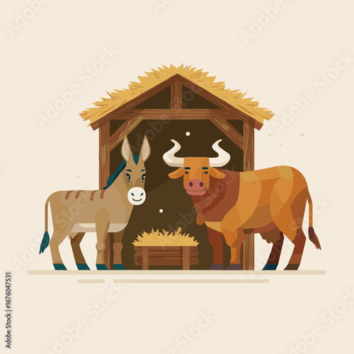 Nativity Manger with Donkey and Ox