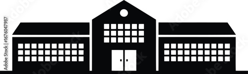 A simple bold black icon of a building suitable for various design projects and applications