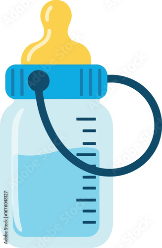 Baby milk bottle with blue cap and yellow nipple feeding baby health care nutrition concept vector