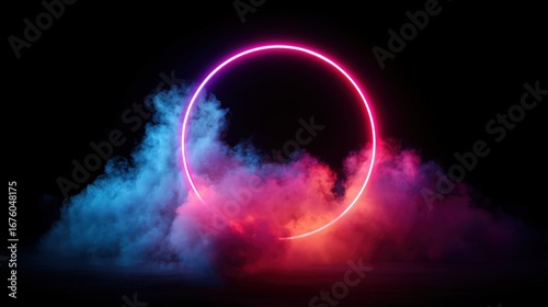 Glowing neon circle with colorful smoke on dark background futuristic abstract design
