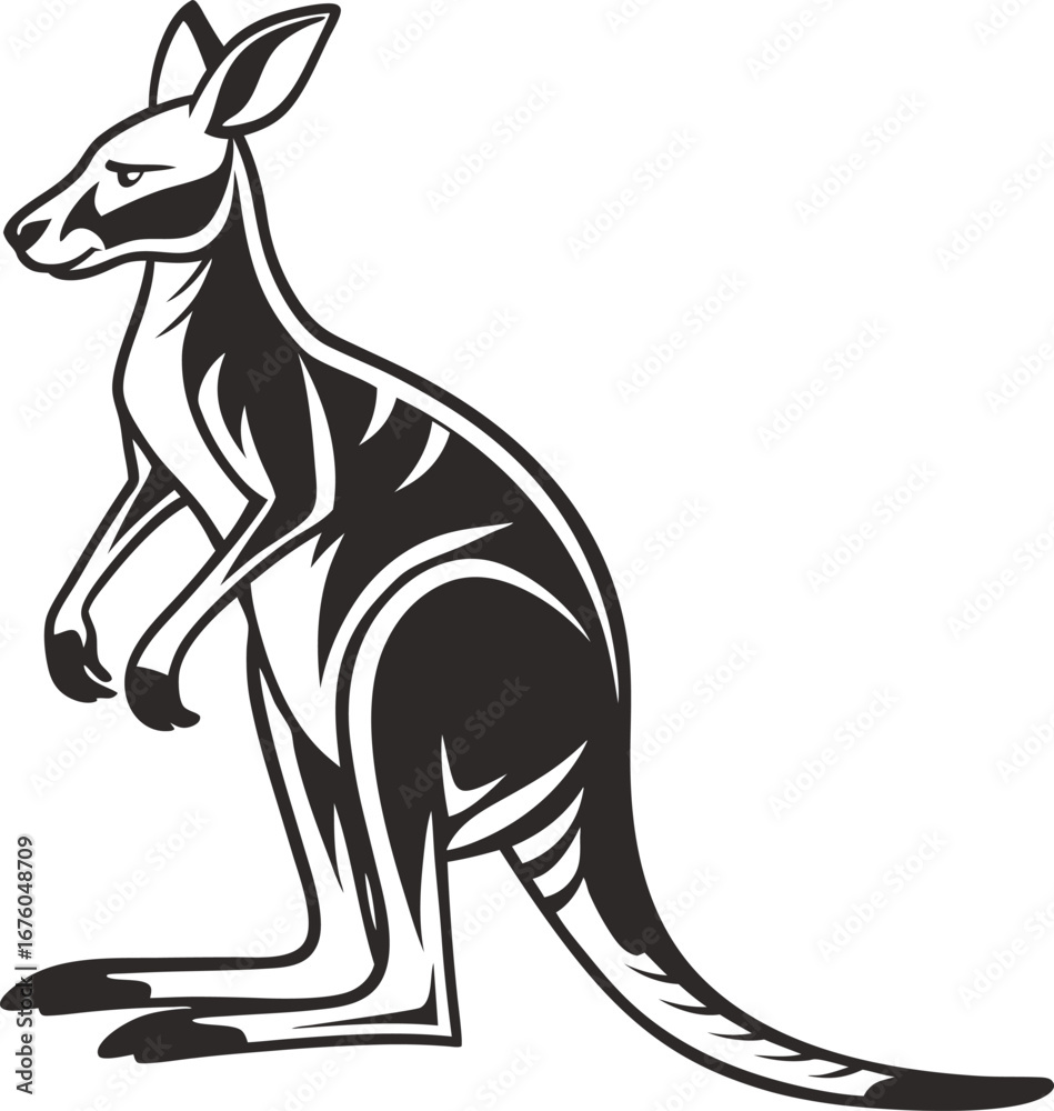 Fototapeta premium A stylized black and white illustration of a kangaroo standing upright with a long tail and distinctive markings