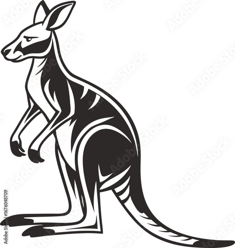 A stylized black and white illustration of a kangaroo standing upright with a long tail and distinctive markings