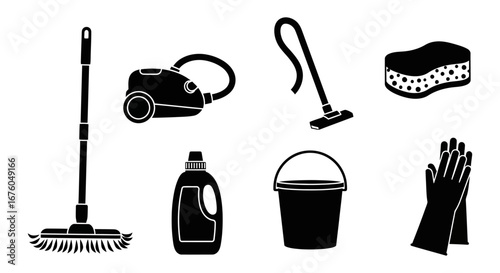 Collection of Cleaning Supplies Mop, Vacuum Cleaner, Bucket, Gloves, and Detergent for a Sparkling Clean Home and Healthy Environment