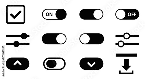 User Interface Elements Toggle Switches, Buttons, Check Marks, Sliders, and Arrows, Vector .ai for Digital Design