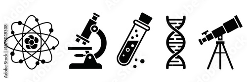 Vector science icons atom, microscope, test tube, DNA, telescope symbols for research, education, discovery.