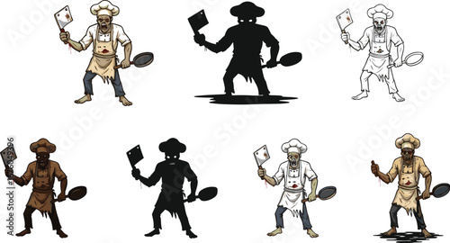 Zombie chef holding cleaver and pan, creepy undead figure, horror cooking, apocalyptic chef, creepy zombie character, horror art
