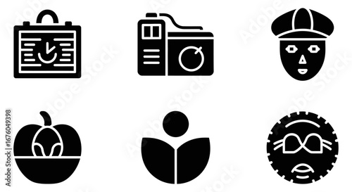 Set of six diverse icons, featuring a business calendar, audio recorder, stylized portrait, carved pumpkin, person reading, and a unique decorative emblem.