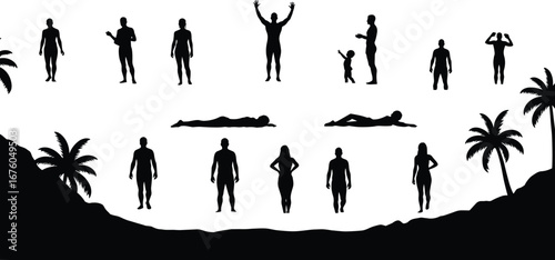Human silhouettes, tropical background, island scene, people poses, standing figures, lying down, gesturing icons, palm trees, rocky terrain, black vector set