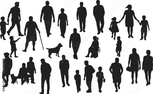 Collection of Black Silhouettes Depicting People of All Ages, Families, Walking, Holding Hands, with Pets and Wheelchairs, Versatile Designs