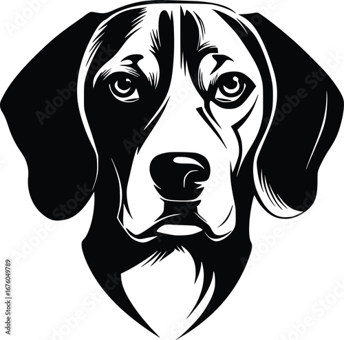 Beagle head silhouette with bold lines, expressive eyes, and symmetrical facial features in black