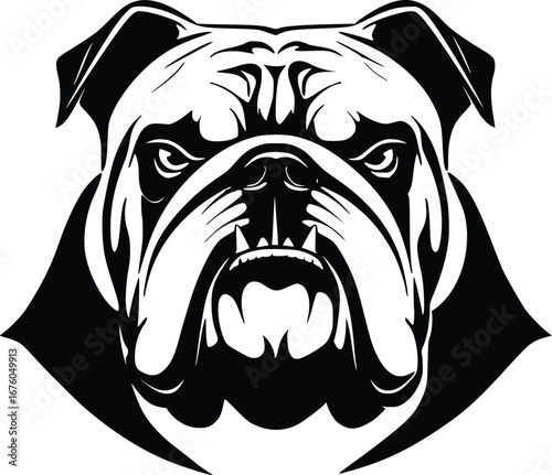 Bulldog head silhouette with wrinkled forehead, drooping jowls, and intense eyes in bold black