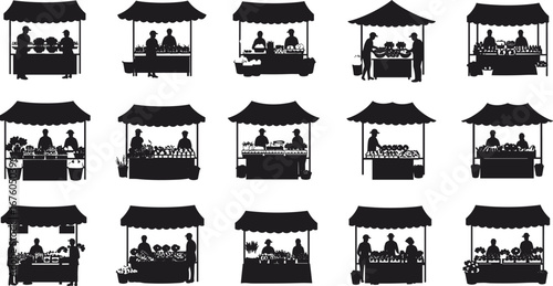 Market stall silhouettes, street vendor scene, farmers market setup, canopy tents, selling goods, buyer interaction, fruit display, basket trade, public commerce, outdoor fair