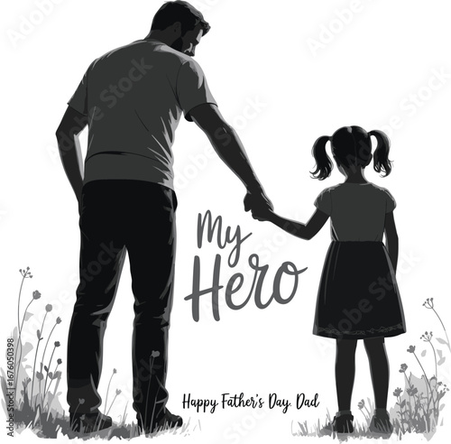 Touching Father and Daughter Silhouette Illustration, Holding Hands with Radiant Background and Leaf Elements, Symbol of Love and Bond
