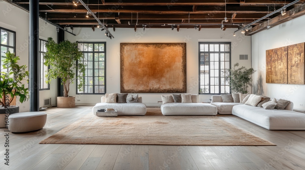 Fototapeta premium A modern, spacious loft living room with a sectional sofa and large windows.