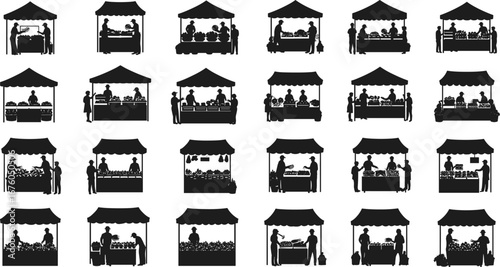 Market stall silhouettes, vendor and buyer interaction, canopy tents, street fair setup, produce display, basket goods, public commerce, shopping scene, outdoor trade