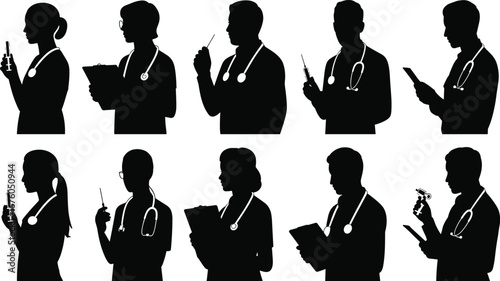 Medical silhouettes, healthcare professionals, doctor icons, nurse clipart, stethoscope figures, hospital staff, black vector, medical workers, clinical roles, health illustration