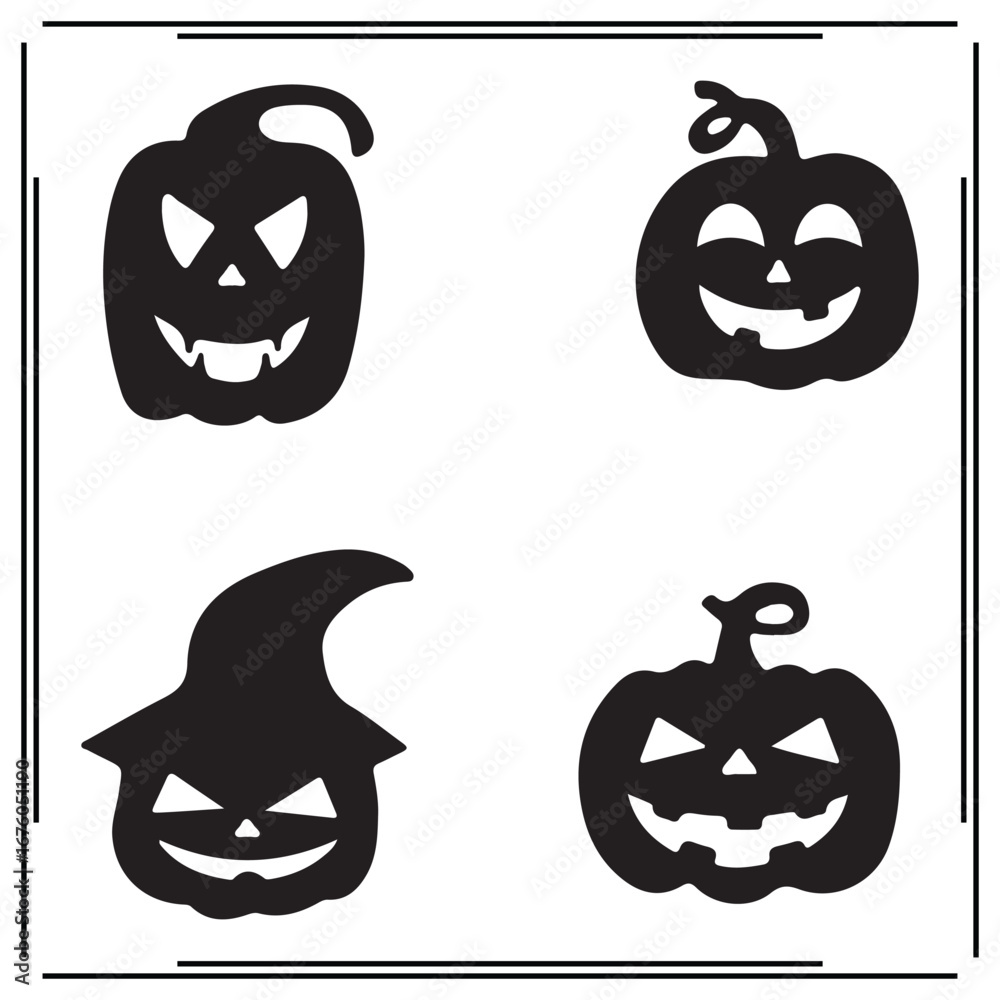 Obraz premium Black Halloween Pumpkin Illustrations - Silhouettes of Scary & Smiling Jack-o'-Lantern Faces, Witch Hat Design, Halloween Party Decorations, Spooky Holiday Icons