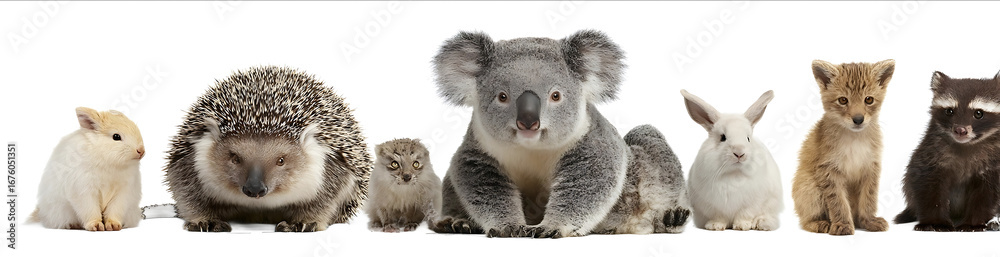 Fototapeta premium Fullbody photo of multiple animals including a hedgehog and a koala on a white background A raccoon is sitting next to the other animals