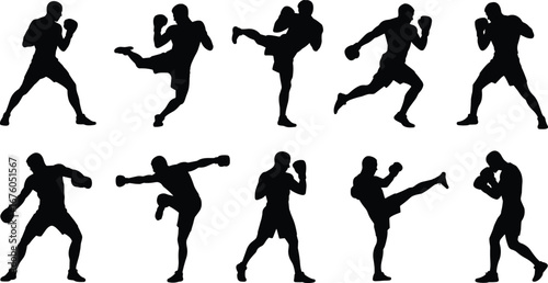 Martial arts silhouette, kickboxing pose, fighter stance, combat training, Muay Thai action, boxing movement, self defense, fitness, athlete, power