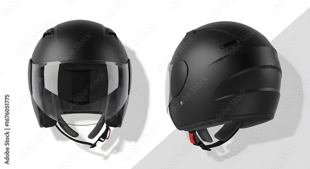 Naklejka premium Studio product shot of a modern matte black full-face motorcycle helmet, showcasing front and side profiles on a clean white background