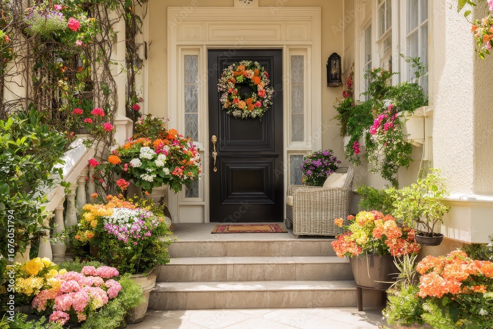 Naklejka premium Charming Front Entrance Adorned with Vibrant Floral Displays and Elegant Doormat