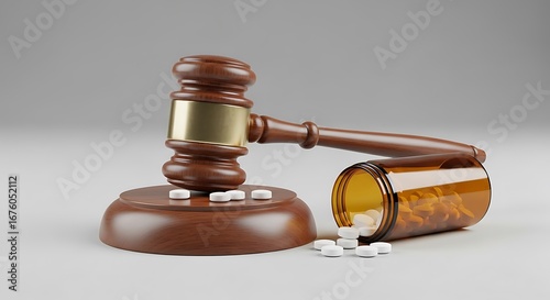 Pharmaceutical Law and Justice Gavel with Pills Depicting Legal Issues in Healthcare and Medicine Industry Reform and Accountability for Drug Manufacturing Violations