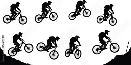 Mountain bike jump, silhouette sequence, extreme sport motion, downhill rider, outdoor cycling, helmet safety, trail stunt, dynamic biker pose, terrain gap