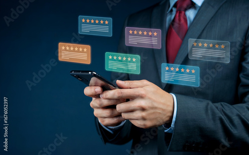 Businessman holding a smartphone with floating customer review interfaces and star ratings, symbolizing online feedback management and client satisfaction.