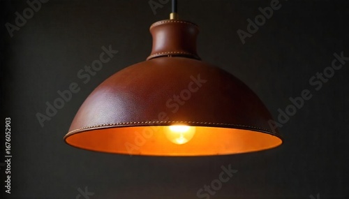 Luxurious leather pendant lampshade, handcrafted with intricate stitching, casting a warm, ambient glow  Perfect for adding a touch of rustic elegance to any interior ,  detail,  vintage