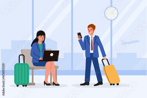 Business people at airport terminal engaging in work and communication during travel