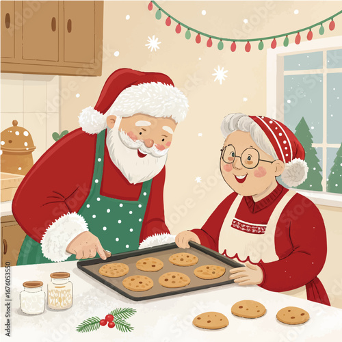 Santa and Mrs. Claus Baking Christmas Cookies in Cozy Kitchen