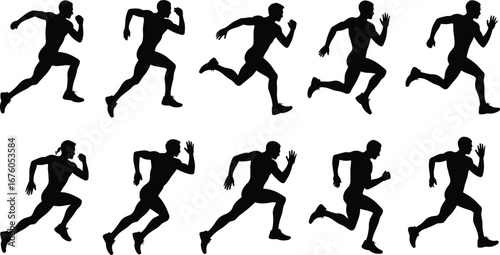Running silhouette, sprint motion, athlete stride, human movement, sports biomechanics, fitness training, dynamic posture, track runner, speed, action pose