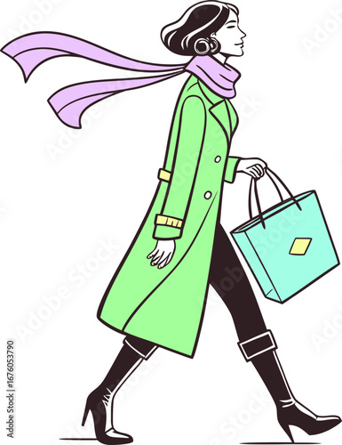 Elegant woman in long coat and scarf walking with shopping bag, winter fashion