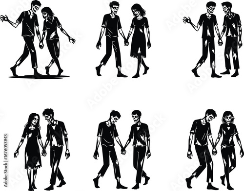 Zombie couple holding hands, walking undead, creepy figures, horror art, apocalyptic love, eerie zombie illustrations, apocalypse, undead love